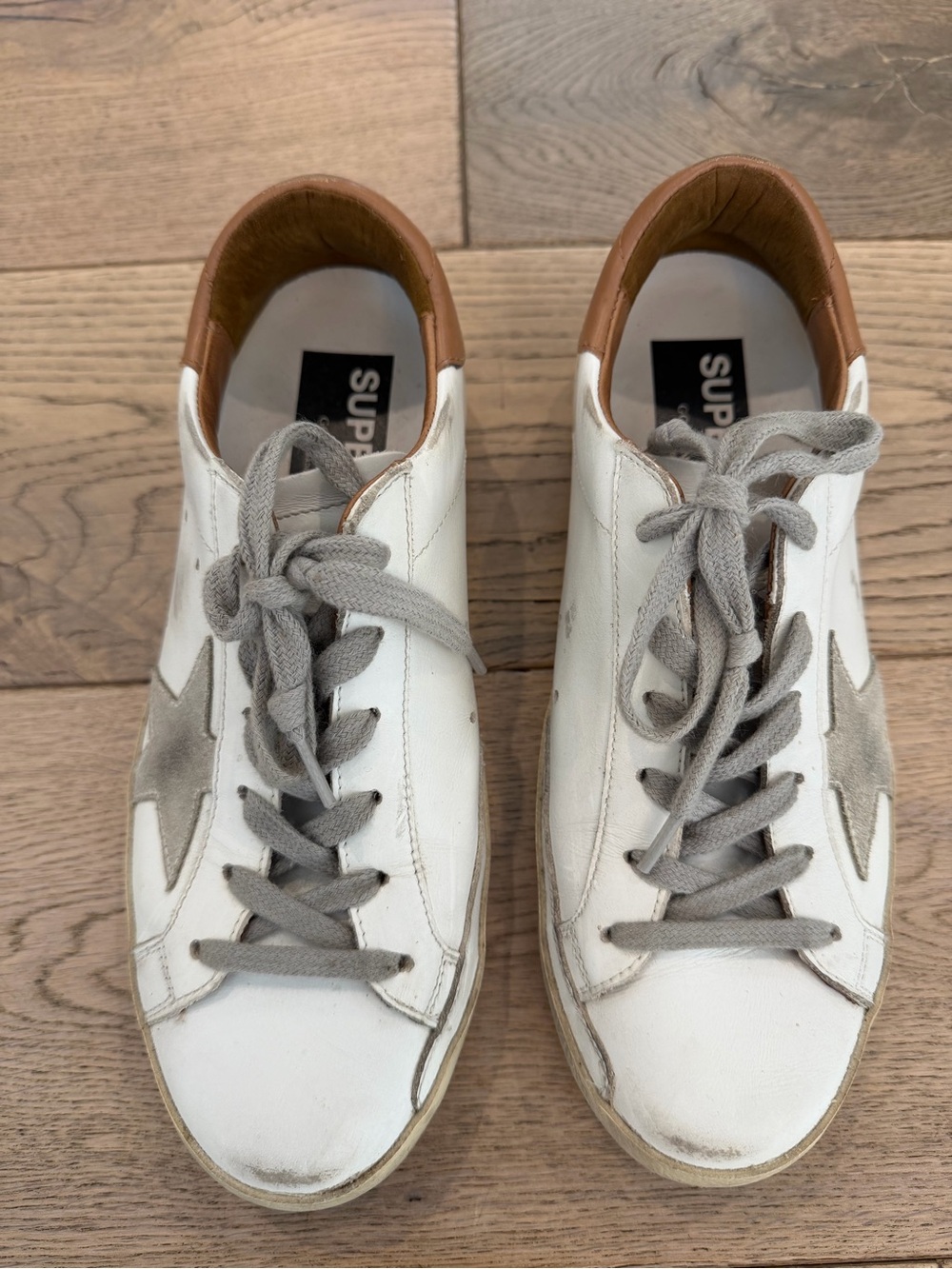Golden Goose White Leather Sneakers with Gray Star and Tan Collar - Size 37 - Picture 2 of 6